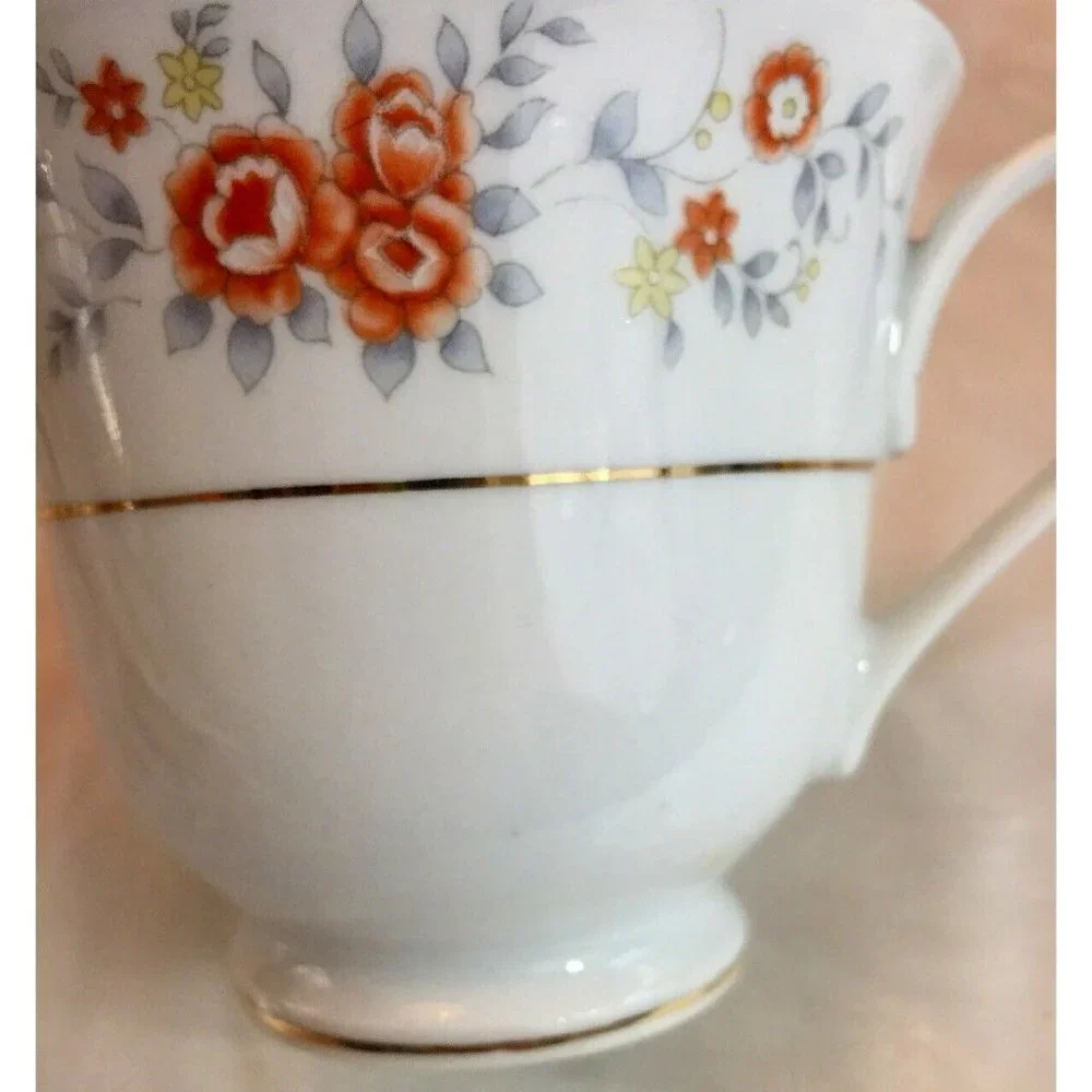 VTG FTDA 1987 Footed Tea Cup & Saucer White Silver Band Peach Floral Cottagecore